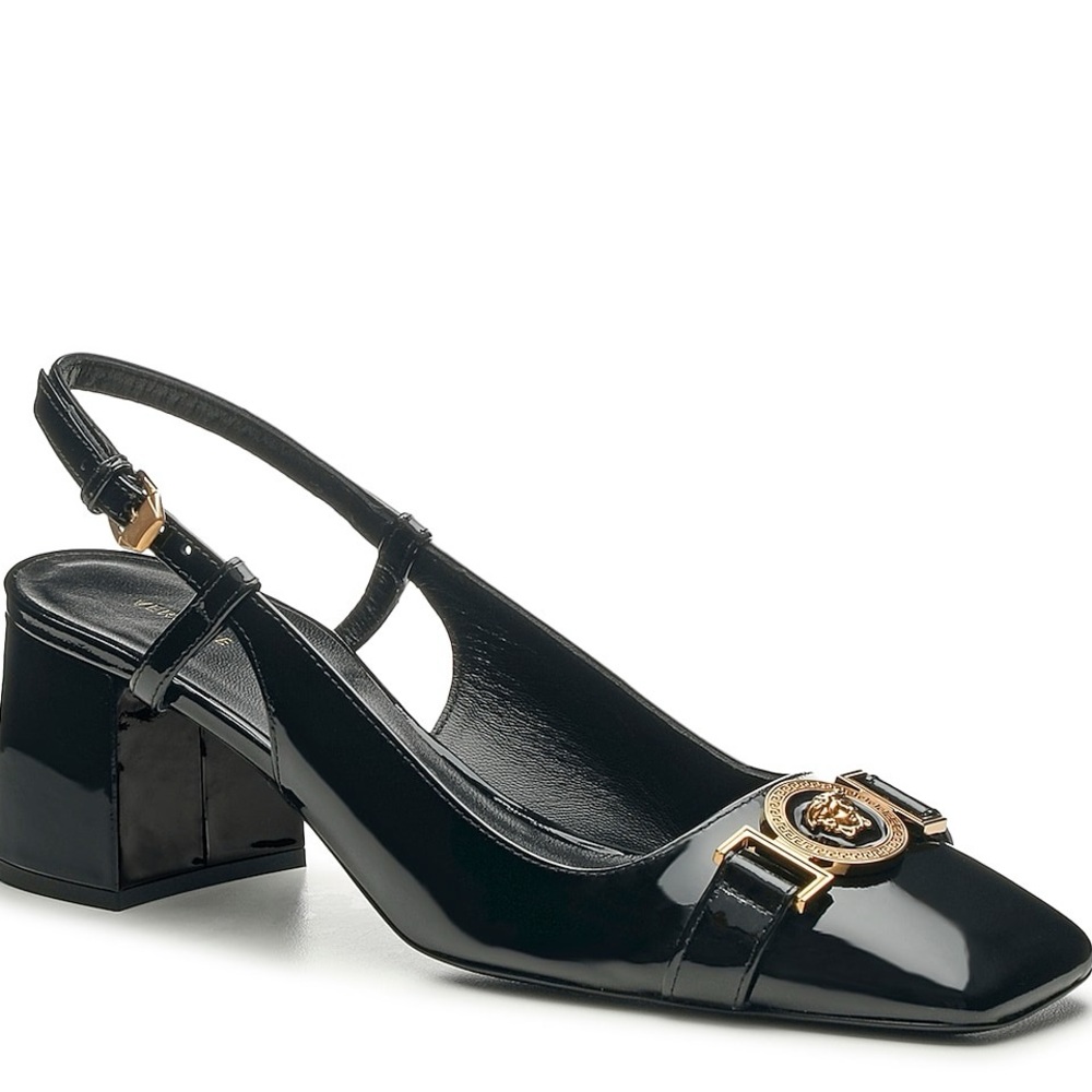 🆕 Versace Medusa Black Patent Vernis Leather Slingback Sleek Pump